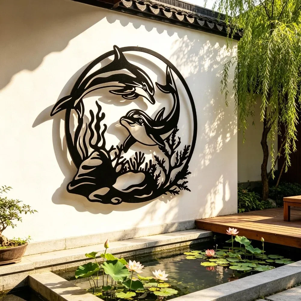 Flat Dolphin Underwater Scene Metal Wall Art, Laser‑Cut Iron Silhouette, Powder‑Coated Rust‑Resistant Weatherproof Marine