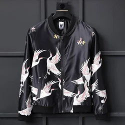 Y2K Chinese Style High Street Fashion Trend Crane Print Flight Jacket Mens Trendy Japanese Spring Autumn Baseball Uniform Jacket