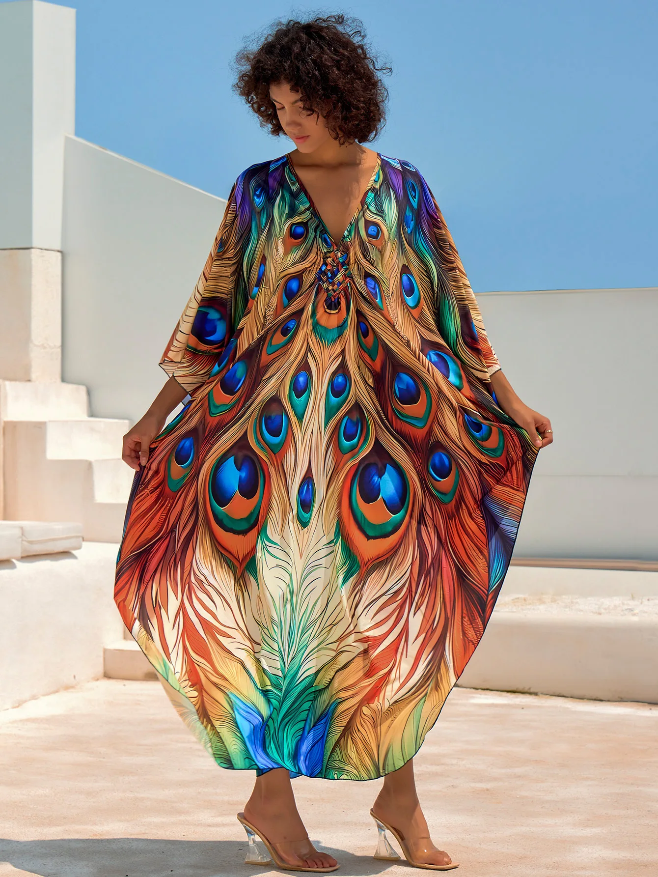 

Women Maxi Dresses Beach Kaftans Peocock Feather Butterfly Printed Waved Cover Ups for Swimwear Summer Holiday Outfits