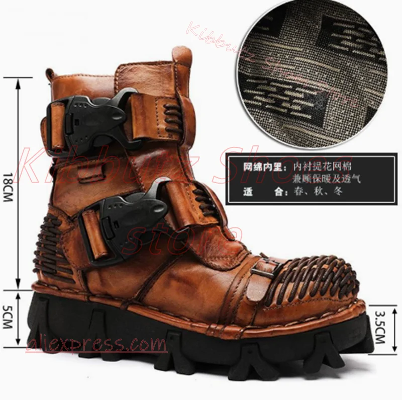 Skull Buckle Ankle Boots Vintage Leather Lace Up Chunky Sole Round Toe Punk Rock Streetwear Shoes Mixed Color Luxury Fashion New