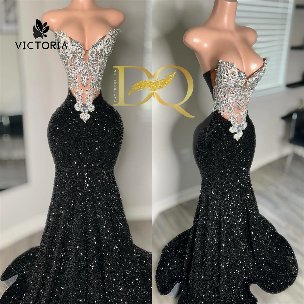 Black Velvet Sequin Strapless Silver Rhinestone Luxury Prom Dress Black Girls African Mermiad Birthday Party Dress Customized