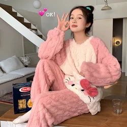 Cartoon Hello Kitty 2Pcs Women's Plush Pajama Set Sanrioed My Melody Kawaii Winter Cartoon Thicken Warm Home Clothes Soft Sweet