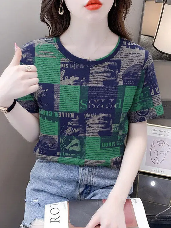 

Elegant Printed Mom Summer T-Shirt Women's Loose Slimming Versatile Short Sleeve Top Commute Style Polyester Fiber Warmth