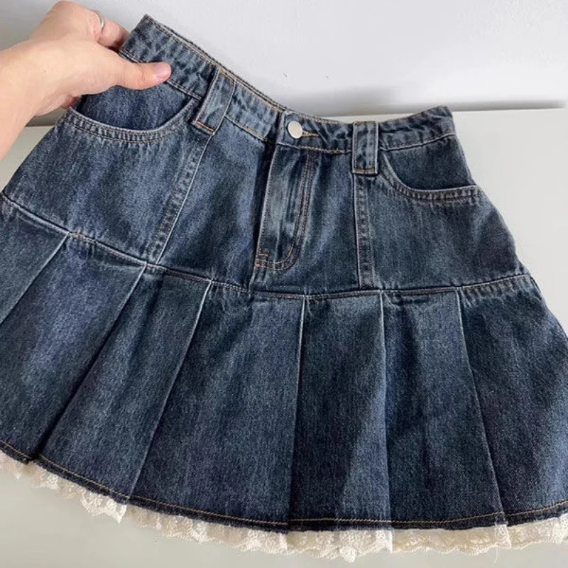 Vintage Denim Skirt Sweet Women Mini Skirts Lace Retro Y2K Patchwork Pleated Blue Casual Korean Streetwear Short Skirt