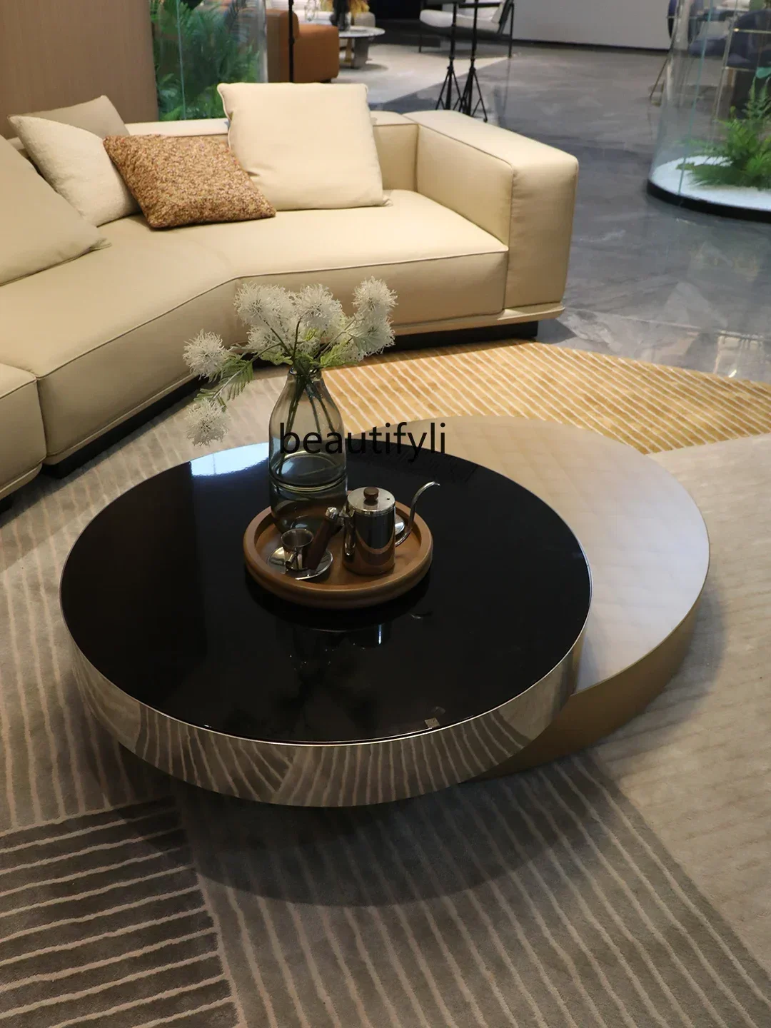 cqyRound rotating coffee table high-end feeling living room home tempered glass tea table