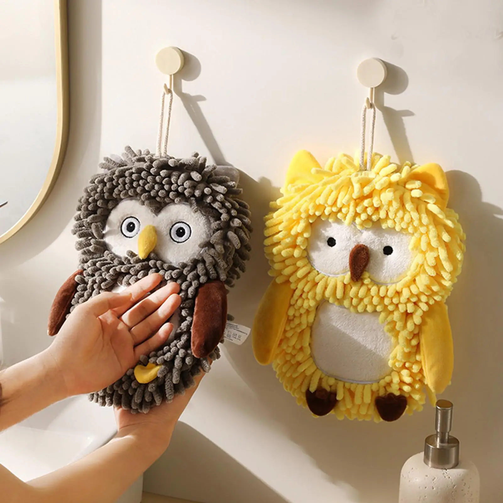 Puff Ball Hand Towel Owl Design Absorbent Rag Hangable Chenille Quick Dry Hand Towels for Bathroom for Hotel Home Kids Adults
