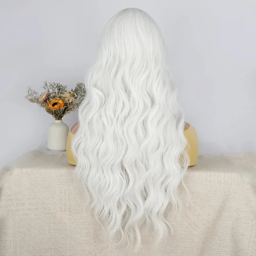 Imagen 2 del producto Peluca sintética blanca para mujer, pelucas bonitas onduladas y rizadas de encaje largo, pelucas de pelo de parte media, pelucas para fiesta diaria de Cosplay de Halloween de 28 pulgadas