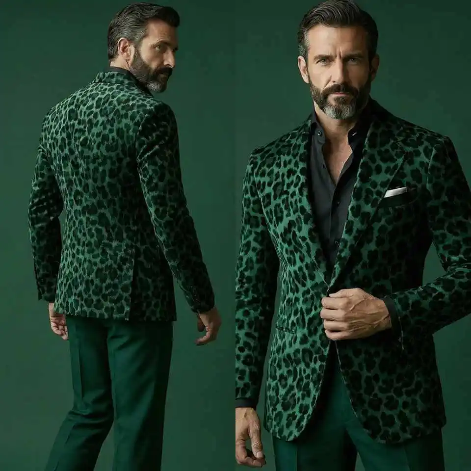 Handsome Men Tuxedos 2 Pieces Leopard Print Peaked Lapel Groom Wedding Pants Suits Banquet Party Birthday Wear Customized