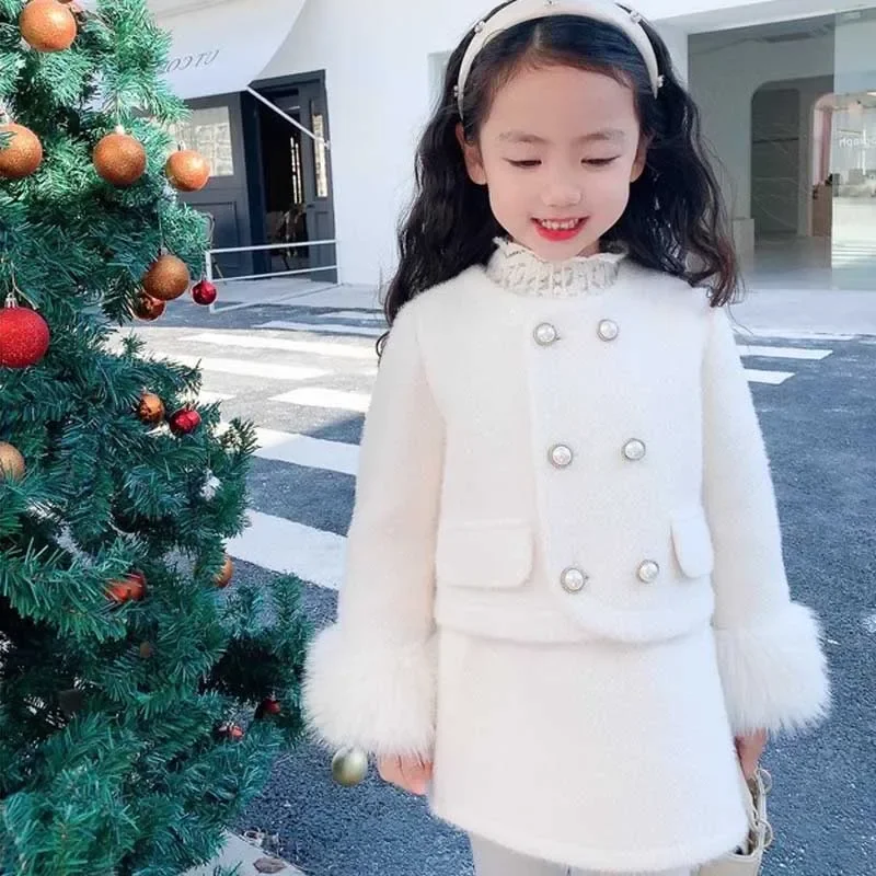

Комплект одежды для девочек 2025 года с хлопковой и утолщенной плюшевой курткой + облегающая юбка, зимние новогодние костюмы