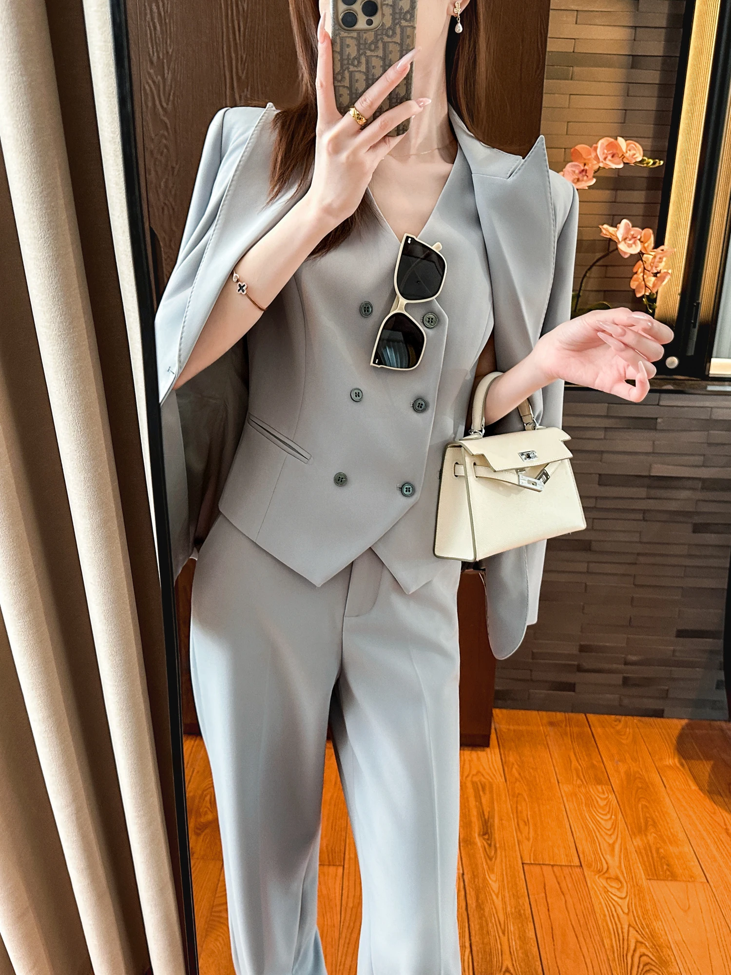 

Ele Mist Blue Slimming Wide Leg Pants Suit for Girls Faionable mat Tee Piece Set Busin Casual Spring Autumn