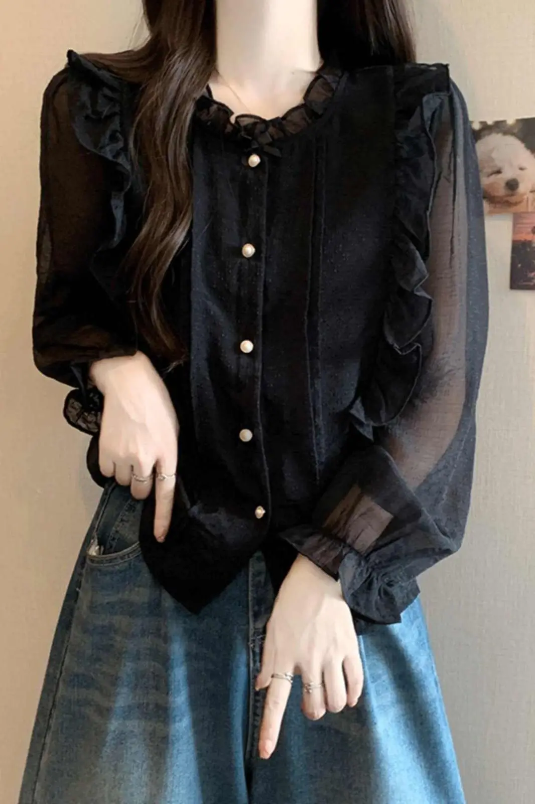 

Elegant French Style Ruffle Chiffon Blouse for Women