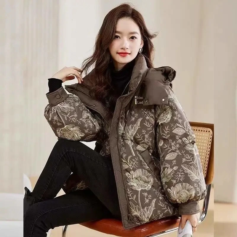 Womens Hooded Loose Parkas Long Print Padded Coats Down Cotton Jacket, Female Thicken Outerwear Winter Clothing New 2024