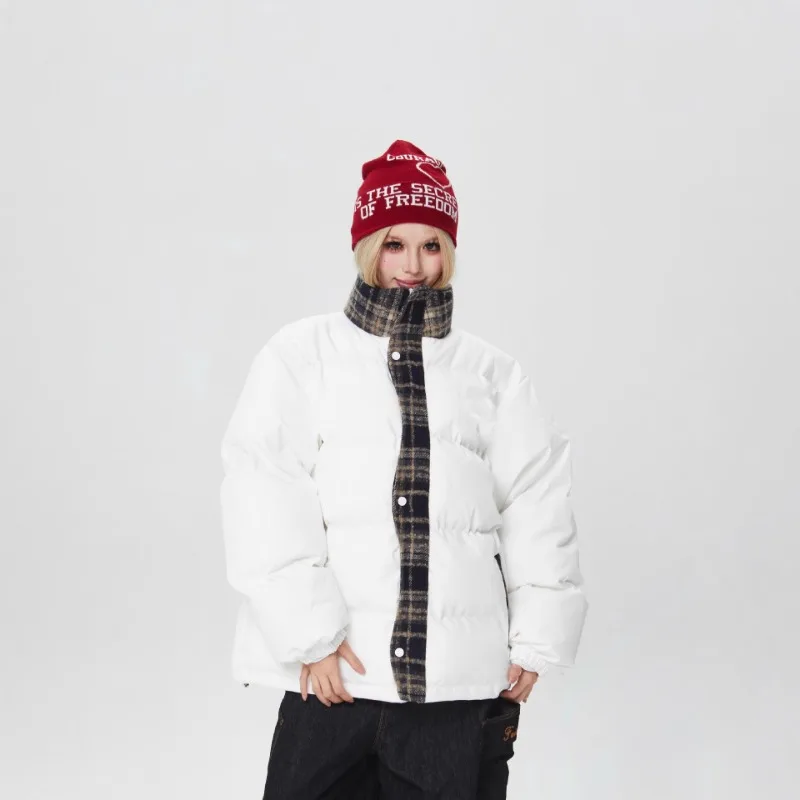 Plaid Patchwork Stand-Up Collar Cotton Jacket Women Winter Warm Vintage New Loose Thicken Puffer Coat Down-Filled Cotton Jacket