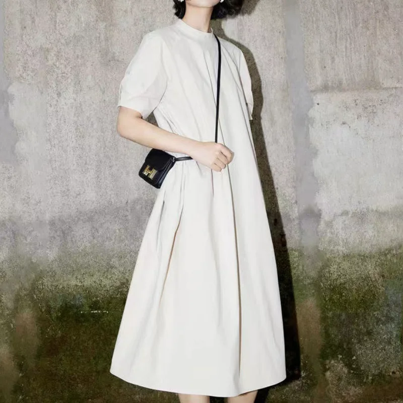 

Summer new dress commuting solid color loose cotton and linen skirt covering meat retro long dress short sleeve design