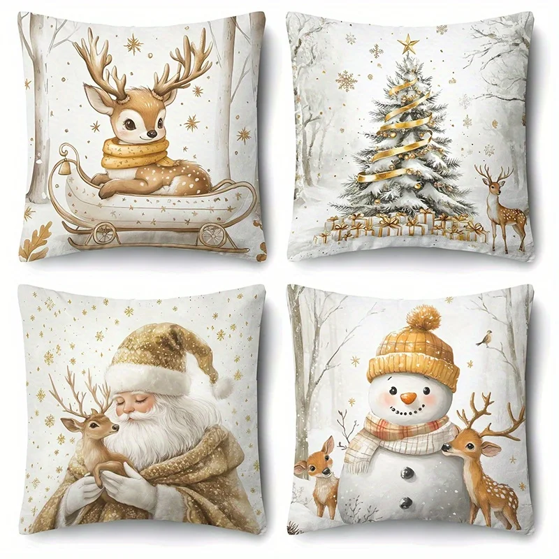 Home Decor Christmas Deer & Snowman Pattern Cushion Covers Pattern Cushion Cover Suitable for Sofa Bedroom Car Pillow Cover