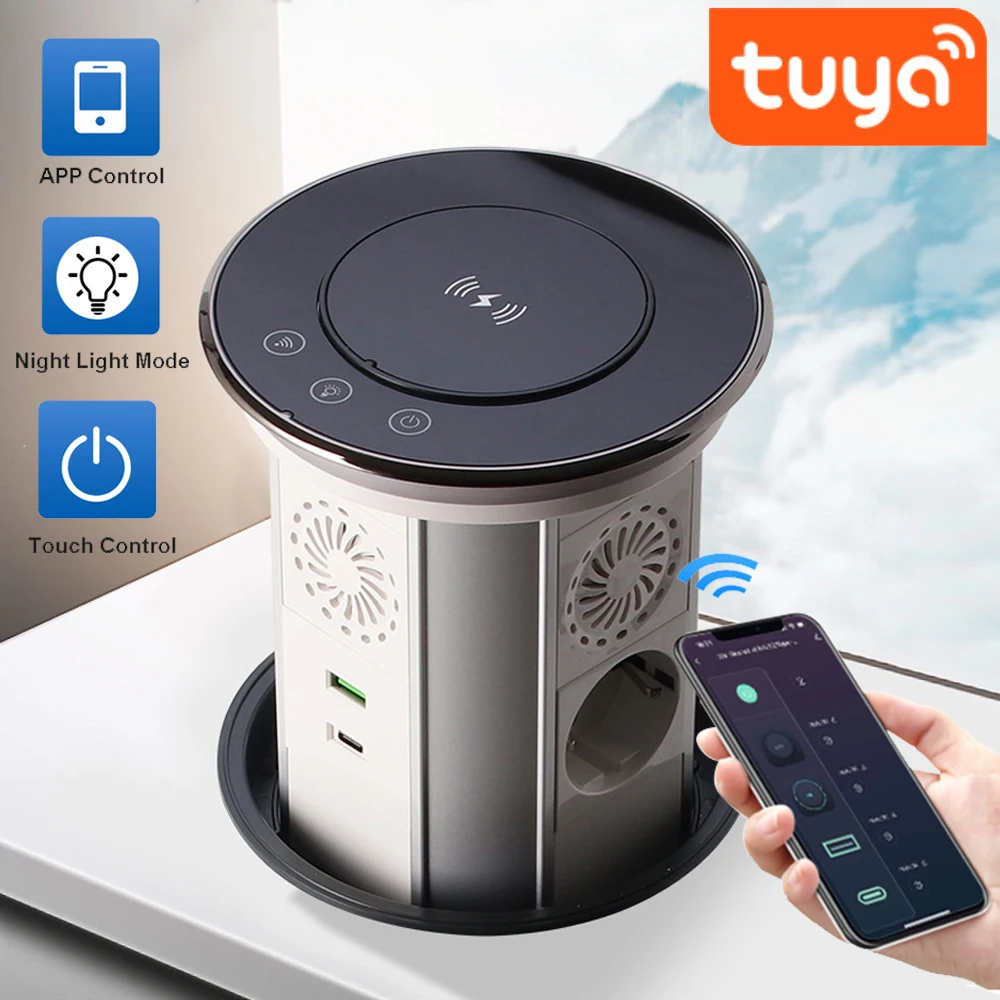Tomada de Torre Elétrica com Tomada Retrátil Carregamento sem Fio Mesa Escondida Pop up Motorizado ue Eua Brasil tipo c Usb Tuya