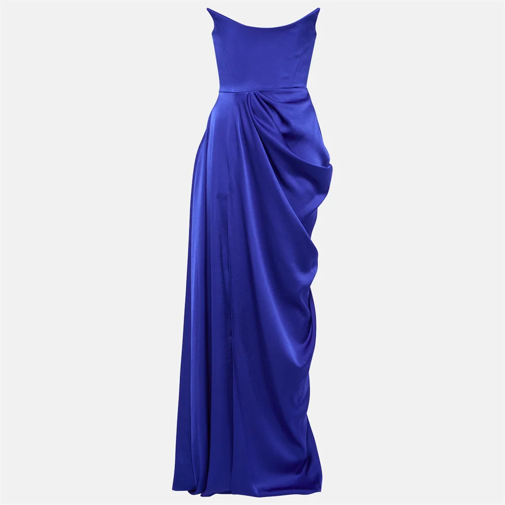 

Hot Selling Scoop Neckline Sleeveless Satin Straight Evening Dress Sexy Open Back Zipper Floor Length High Slit Gown For Women