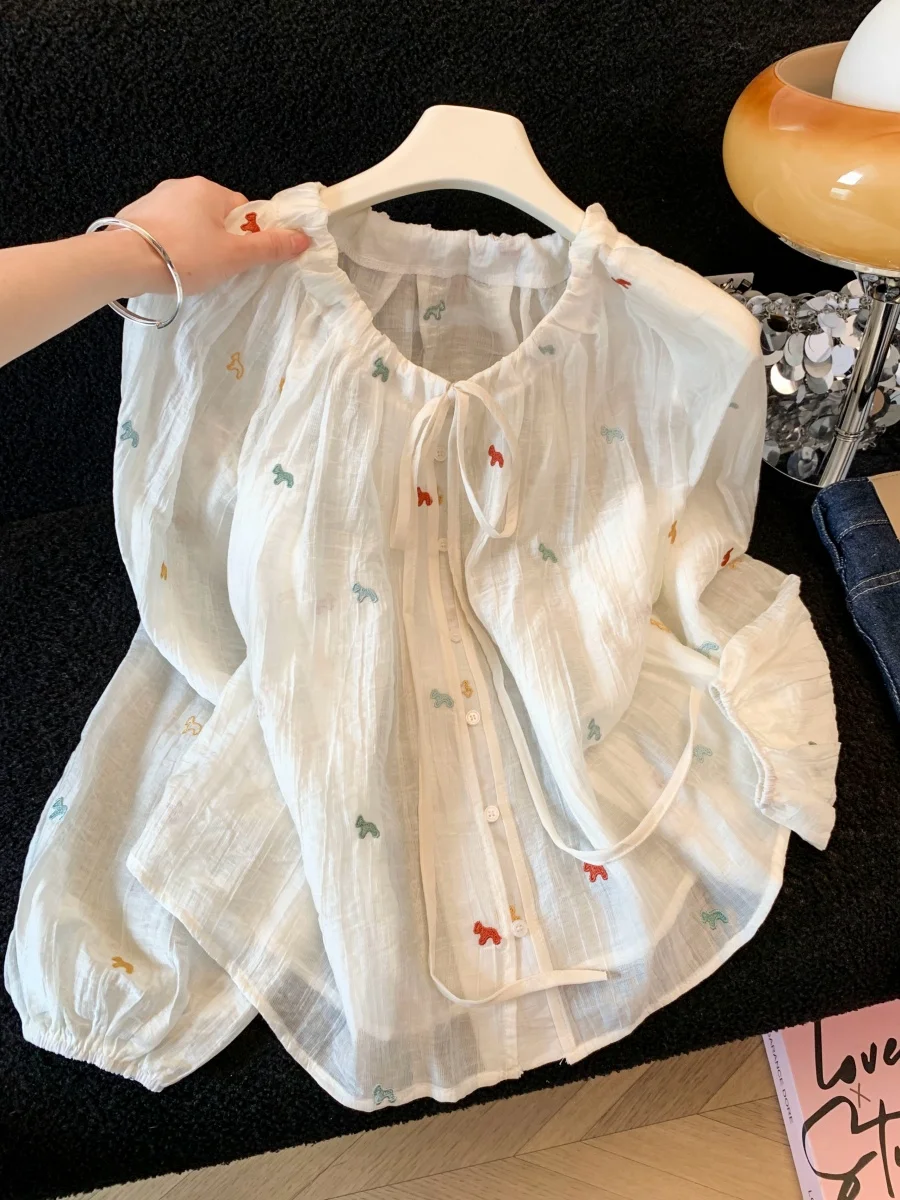 

Korean Style Loose Fit Sun Protection Ice Silk Shirt Women's Summer Thin Transparent Lantern Sleeve Open Cardigan Outer Shirt