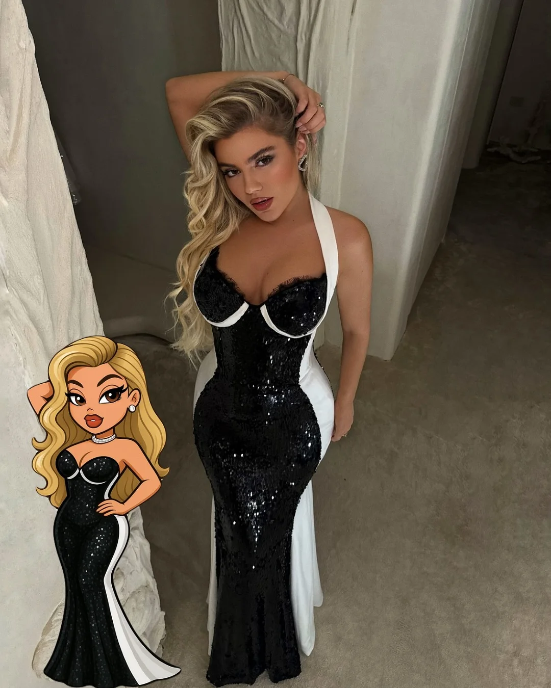 

New Design Sexy Glittering Sequins Halter Contrast Color Mermaid Evening Dress Slim Charming Prom Formal Party Dress