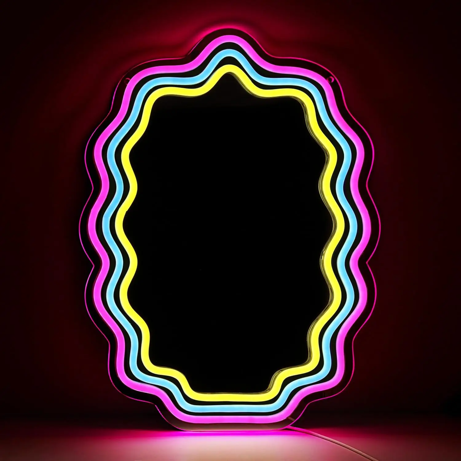 Wavy Frame Neon Sign Mirror LED  Neon Light Wall Mounted Makeup Mirror for Bedroom Dressing Table Home Art Decoration Gift