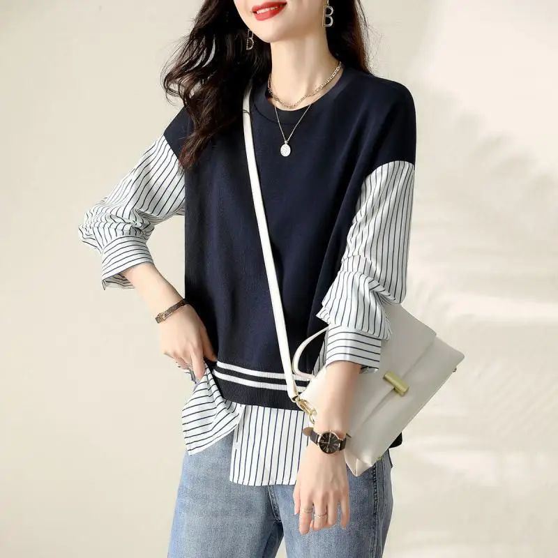 بلوزة نسائية غير رسمية بياقة مستديرة محبوكة ، قميص برباط ، قطعتين مزيفة ، مزاجية ، موضة الخريف