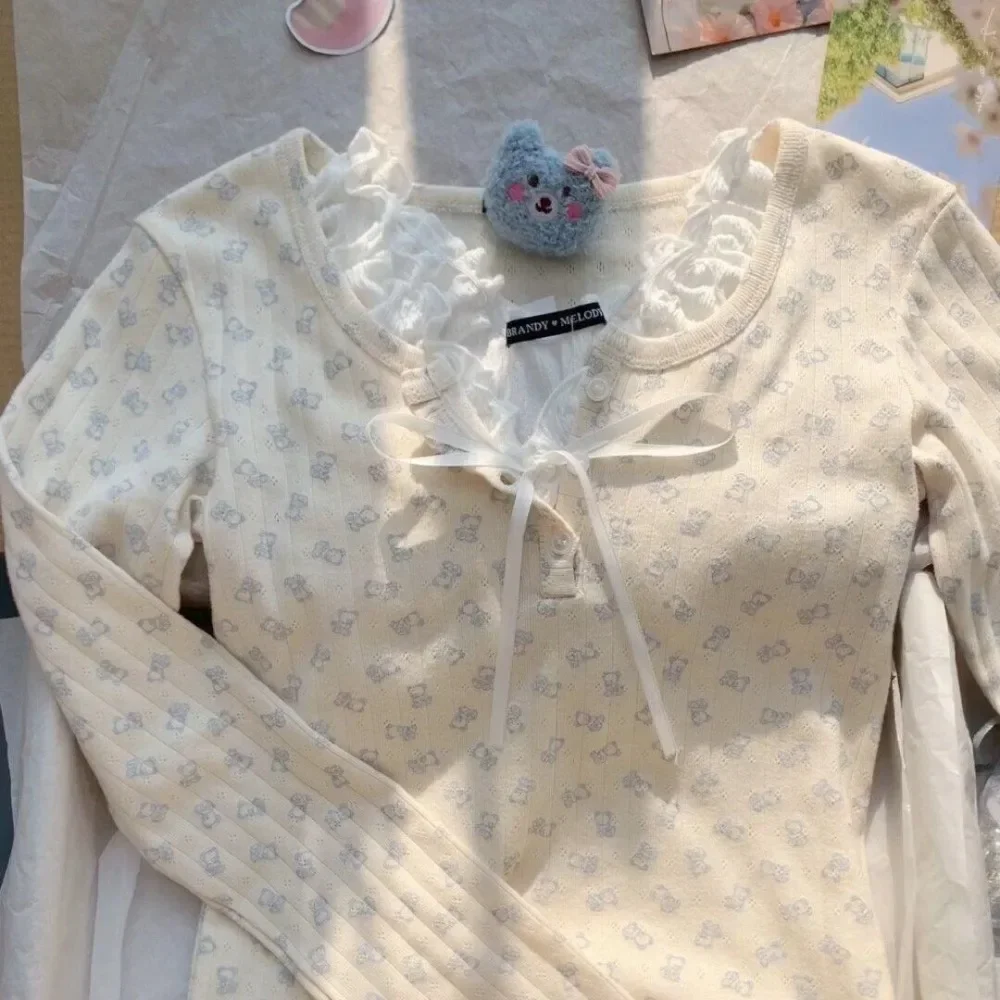 Lolita-T-shirt à manches longues avec nœud patchwork floral pour femme, pull doux, joli preppy japonais, faux deux pièces, rose, doux, fille