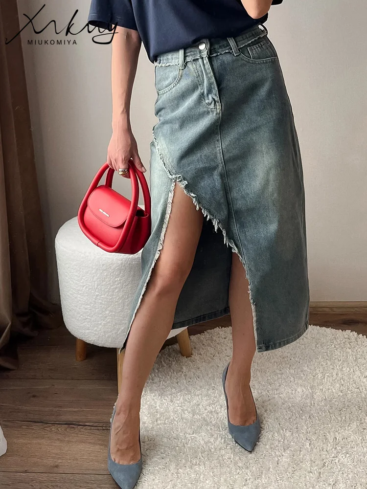 MiuKoMiYa Midi Sexy Denim Skirts Women Summer 2024 High Waist Straight Midi Jeans Skirt For Women Denim Skirts With Slit