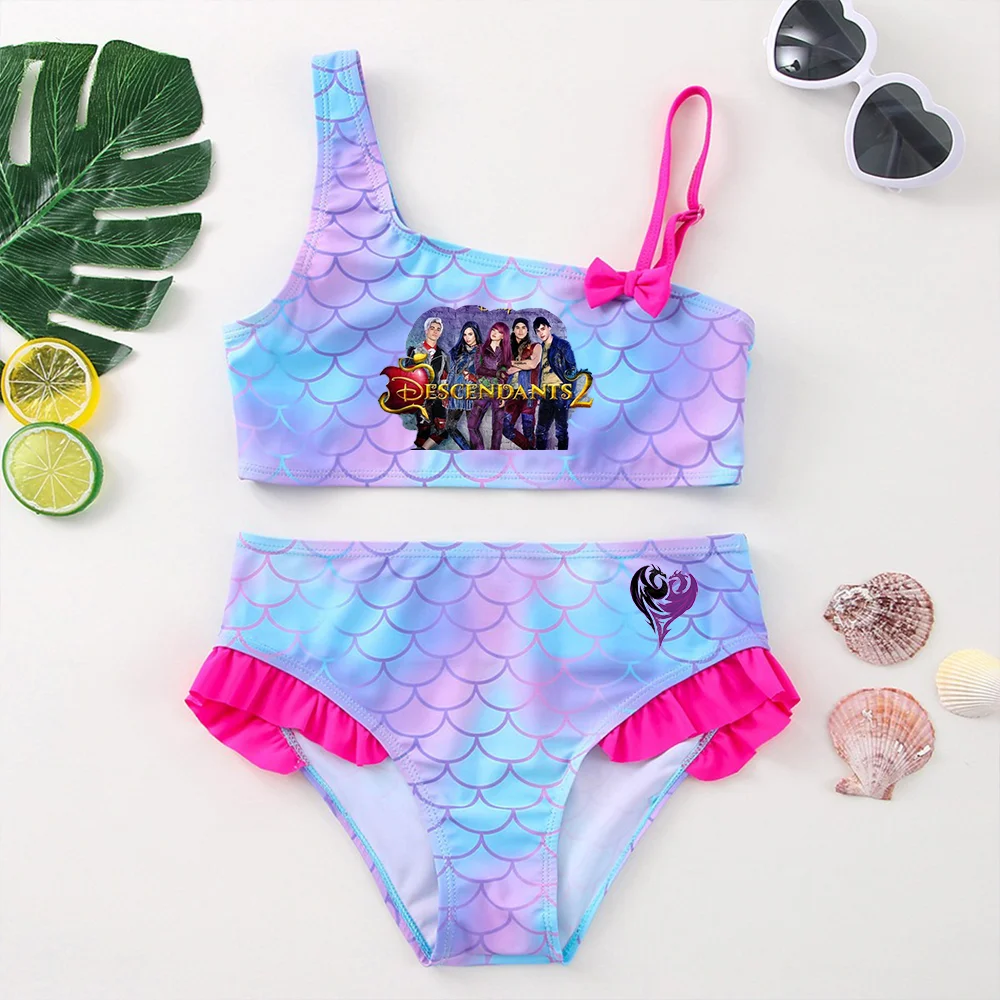 Descendants Girls Swimsuit One-Piece Bathing Suits Kids Wear Fashion Mermaid Fish Children's Dresses Summer Swimwear Beach Suit