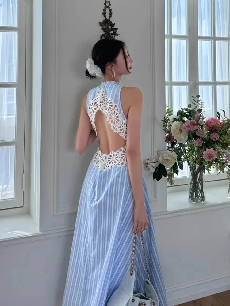 Liangliang été nouveau Sle femmes Dr évider dentelle épissage rayures Svel gilet Long Dr taille haute Version coréenne