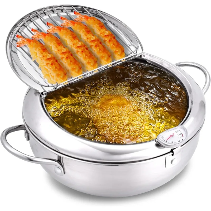 

Stainless Steel Frying Pot with Thermometer and Oil Drip Drainer Rack Household Double Bottom Gas Induction Cooker Kitchen Tools