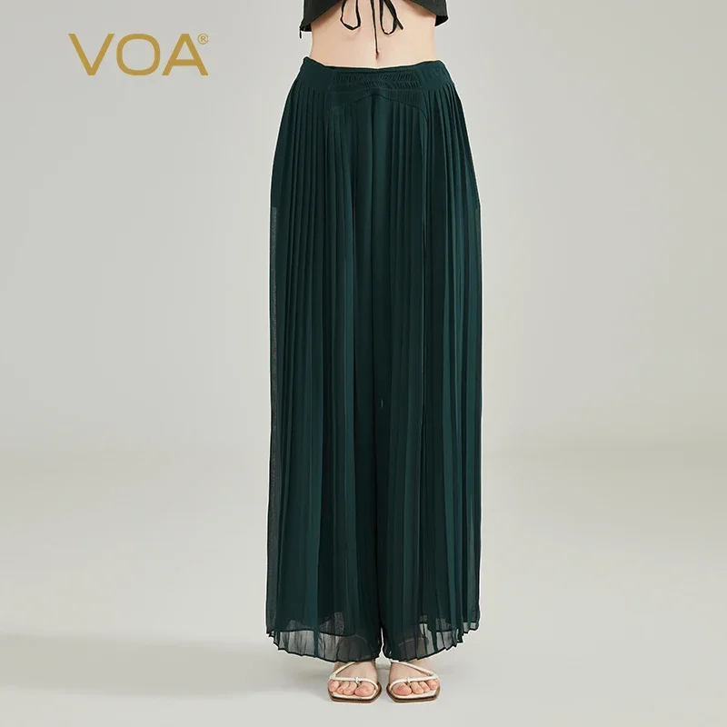 

VOA Silk Hole Green Georgette Double Layer Design Organ Pleated Side Pockets Natural Waist Lightweight Breathable Pants KE1018