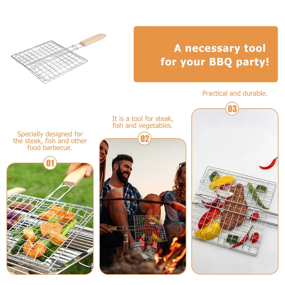 BBQ Net Grilled Fish Clip Camping Basket Barbeque Accessories Outdoor Stainless Steel Tool Portable Grill Wood