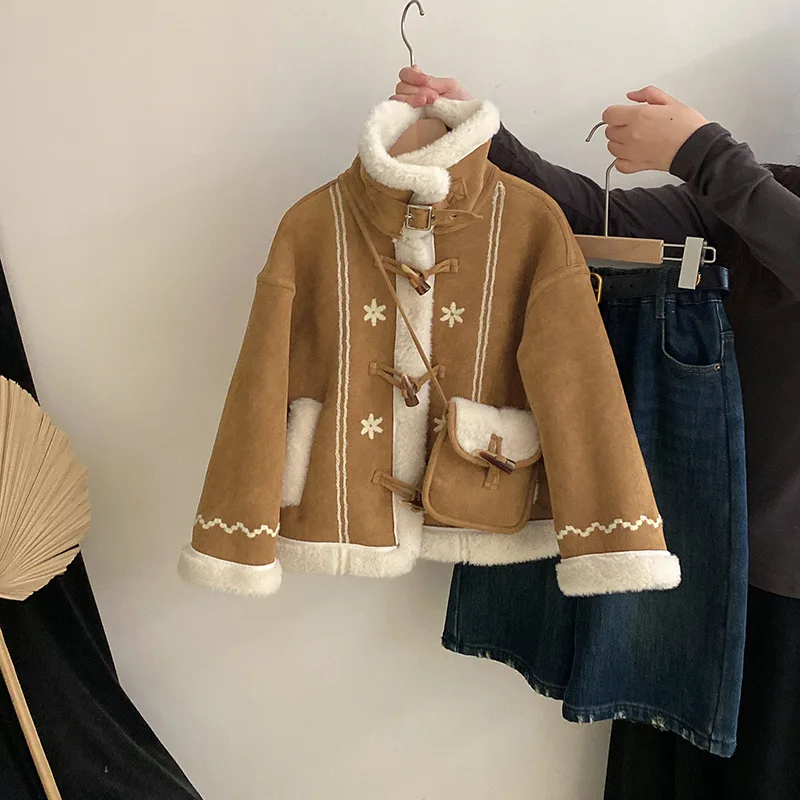 

Girls' 2025 Autumn Winter Thickened Winter Jacket Warm Coat Bag Fleece Jeans Two-Piece Set