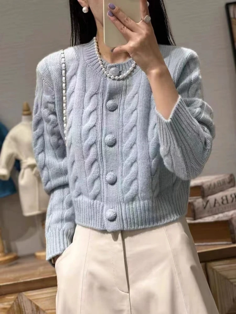 

BELIARST 2024 Spring Clothing New 100% Merino Wool Sweater Women's Round Neck Twisted Cardigan Fashion Short Knitted Top jacket