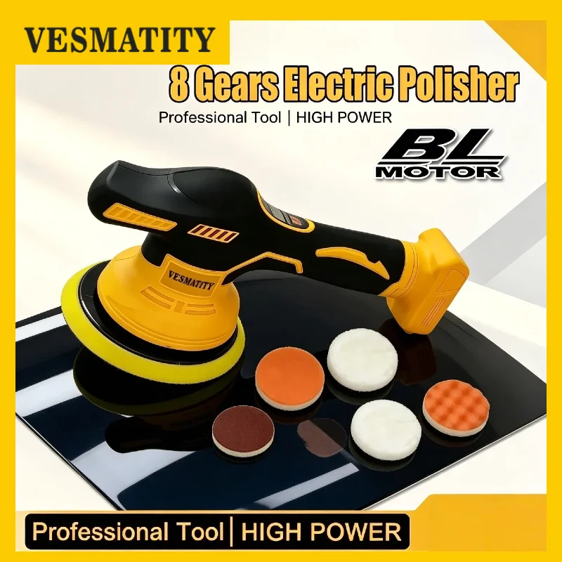 VESMATITY Cordless 8 Speed Digital Display Car Polisher Electric Auto Waxing Polishing Machine Tool for DeWALT Battery