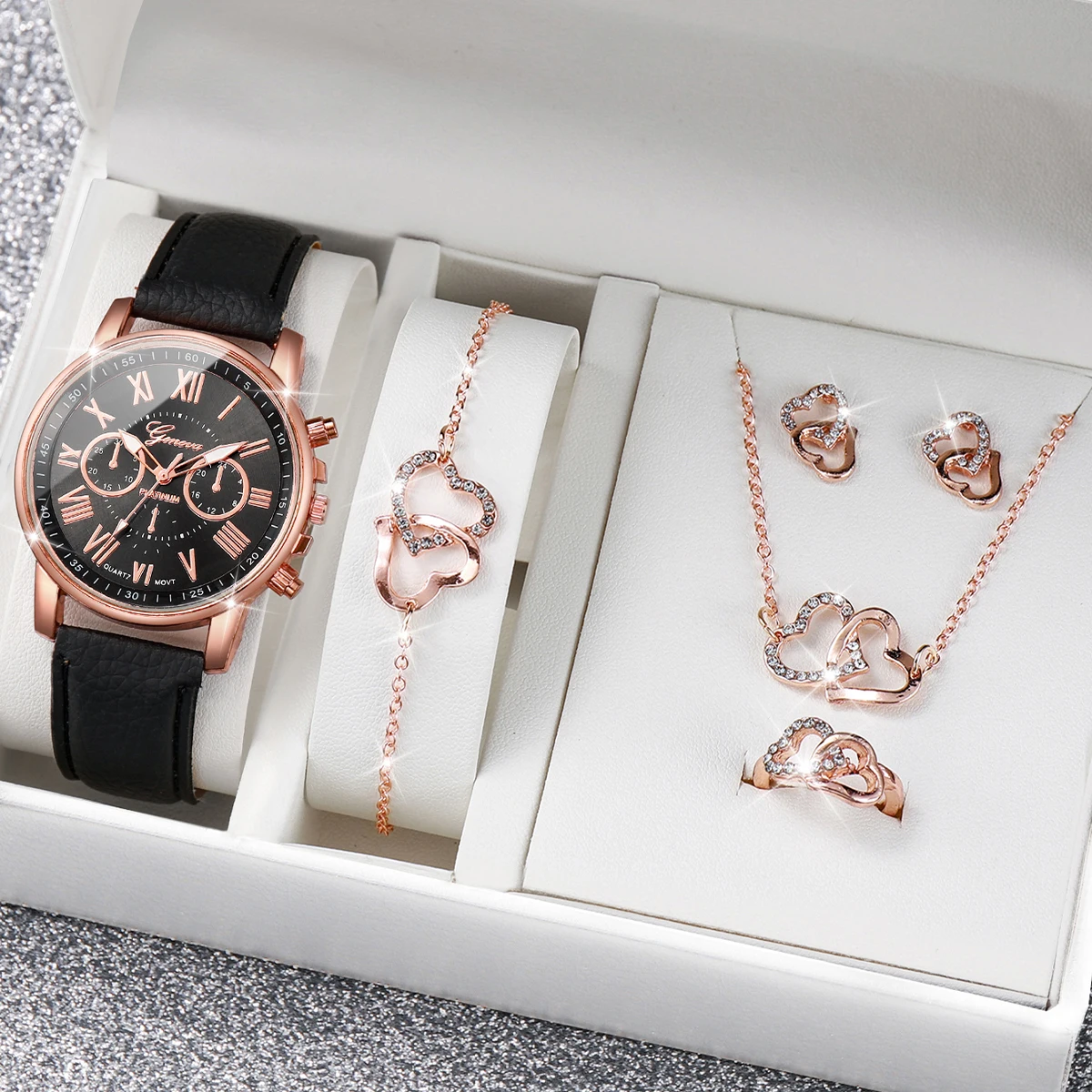 5PCS/Set Fashion Women Watches Rhinestone Heart Jewelry Set Geneva Watch Female Leather Band Quartz Watch（Without Box）