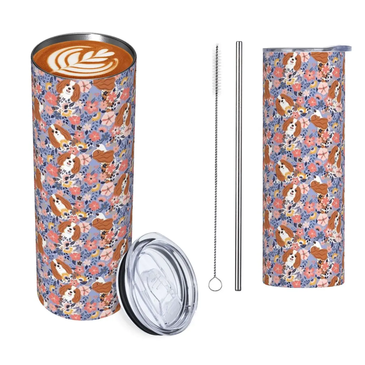 Cute Cavalier King Charles Spaniel Garden - Blue Background Tumbler Vacuum Insulated Mugs Thermal Cold Cups Straws With Lid 20oz