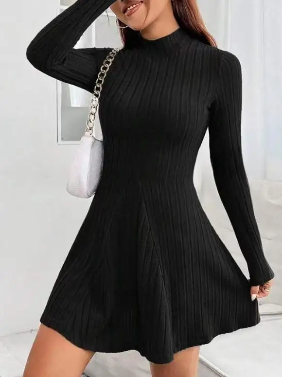

Women's Dress 2025 Autumn/winter New Women's Slim Fit Half High Collar Waist Cinched A-Line Skirt Long Sleeved Pit Stripe Dress