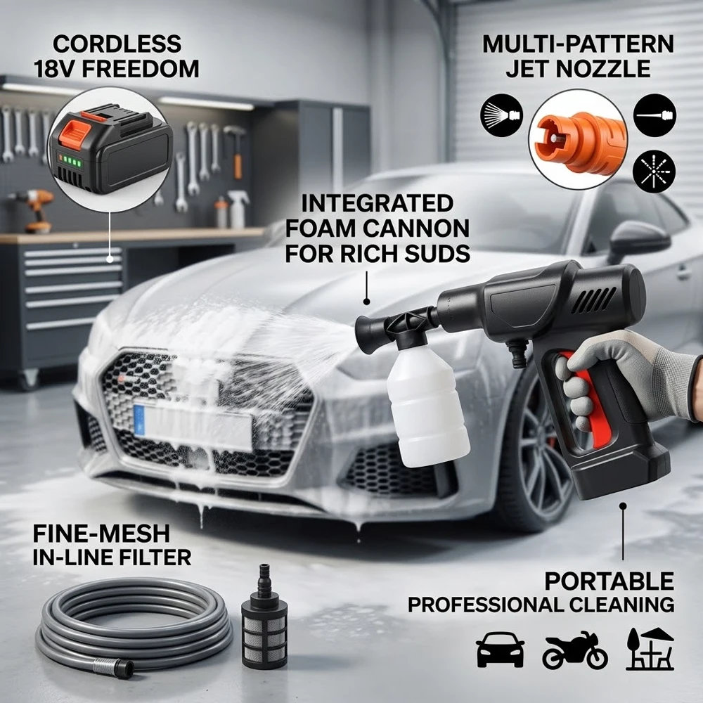 Cordless Car Wash High Pressure Washer Water Gun 6-in-1 Nozzle, Foam Kettle & Water FilterCompatible with Makita 18V Battery Pin