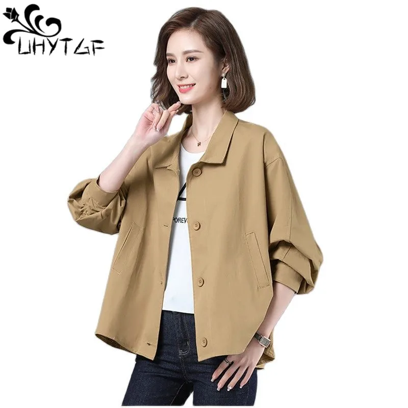 

UHYTGF Jacket Women Long Sleeve Spring Autumn Windbreaker Coat Female Casual Short Top Ladies Thin Large Size Outerwear 4XL 2727