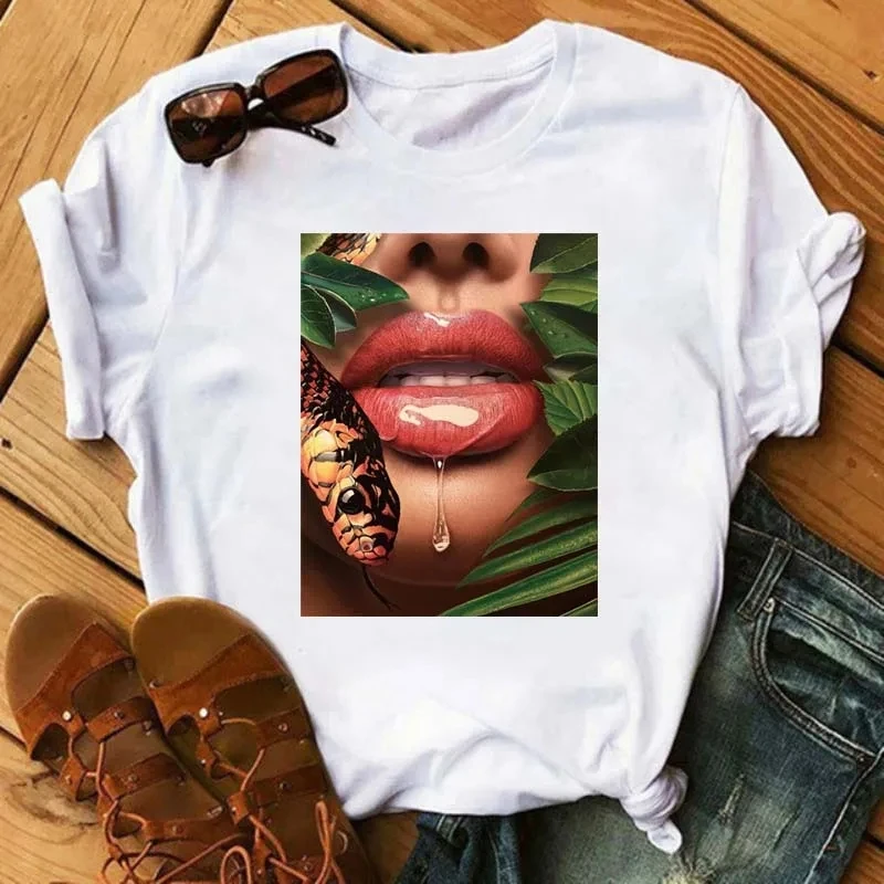 New Sexy Lips Women Tshirt Fashion Graphic Printed T-Shirt Harajuku  Ulzzang Rose Diamond Snake Lips Casual Tops Tee view 6