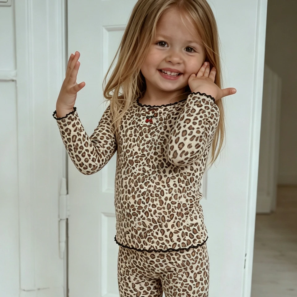 Kids Tee Leggings Suit 2026 KS Girls Boy Leopard Print Long Sleeve Loungewear Pants Baby Child Cute Homewear Pajama Clothes Set