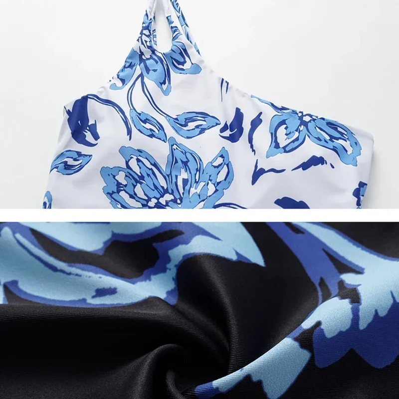 Long Sleeves One Shoulder Color Block Printed One Piece Swimsuit Monokini Bathing Suit Tropical Bodysuit Surfing Sport Swimsuit