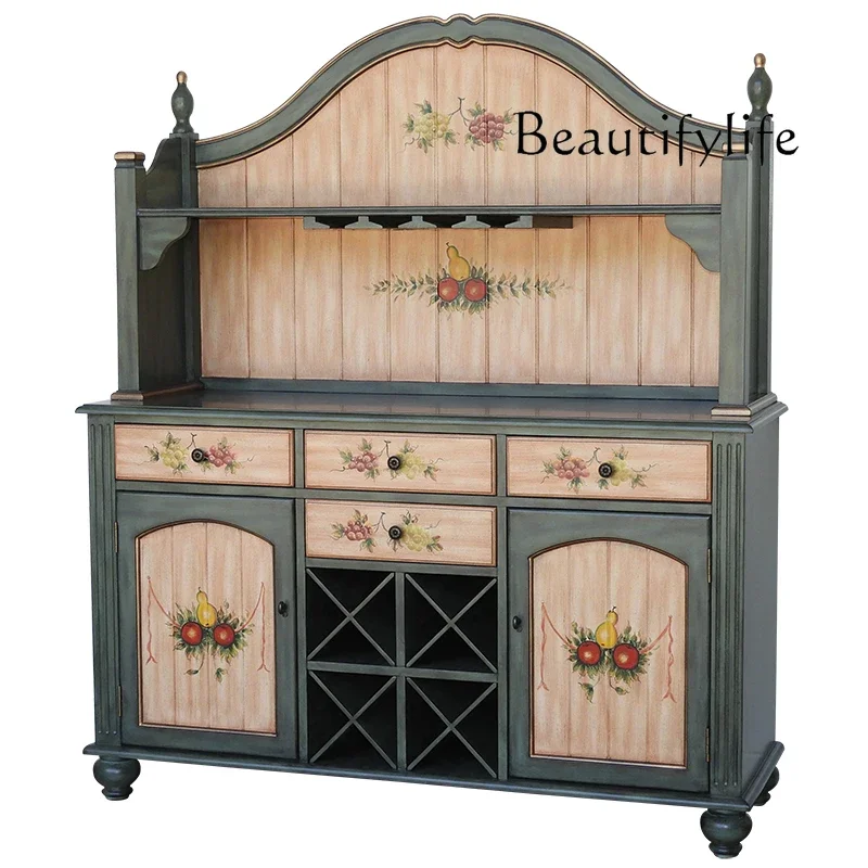 Painted Dining Side Storage Organizer Entrance Cabinet American Retro Multi-Functional Restaurant Wall Wine Cabinet