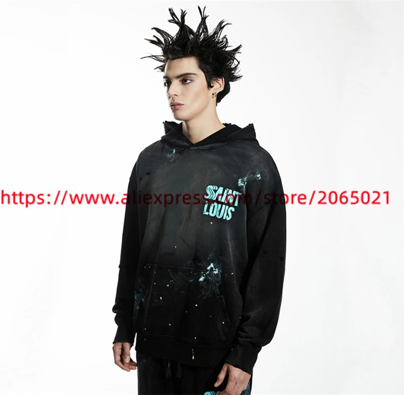 Washed Saint SSSAINT LOUIS Splashing Ink Graffiti Hoodie Men Women Damaged Pullovers Hooded