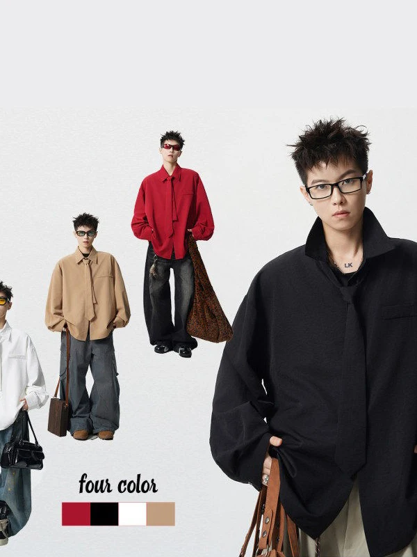 

Tangz Studio Men's White irt with Fake kets And Tie Spring Faion Brand Haome Netie irt Casual Loose Fit Polyest...