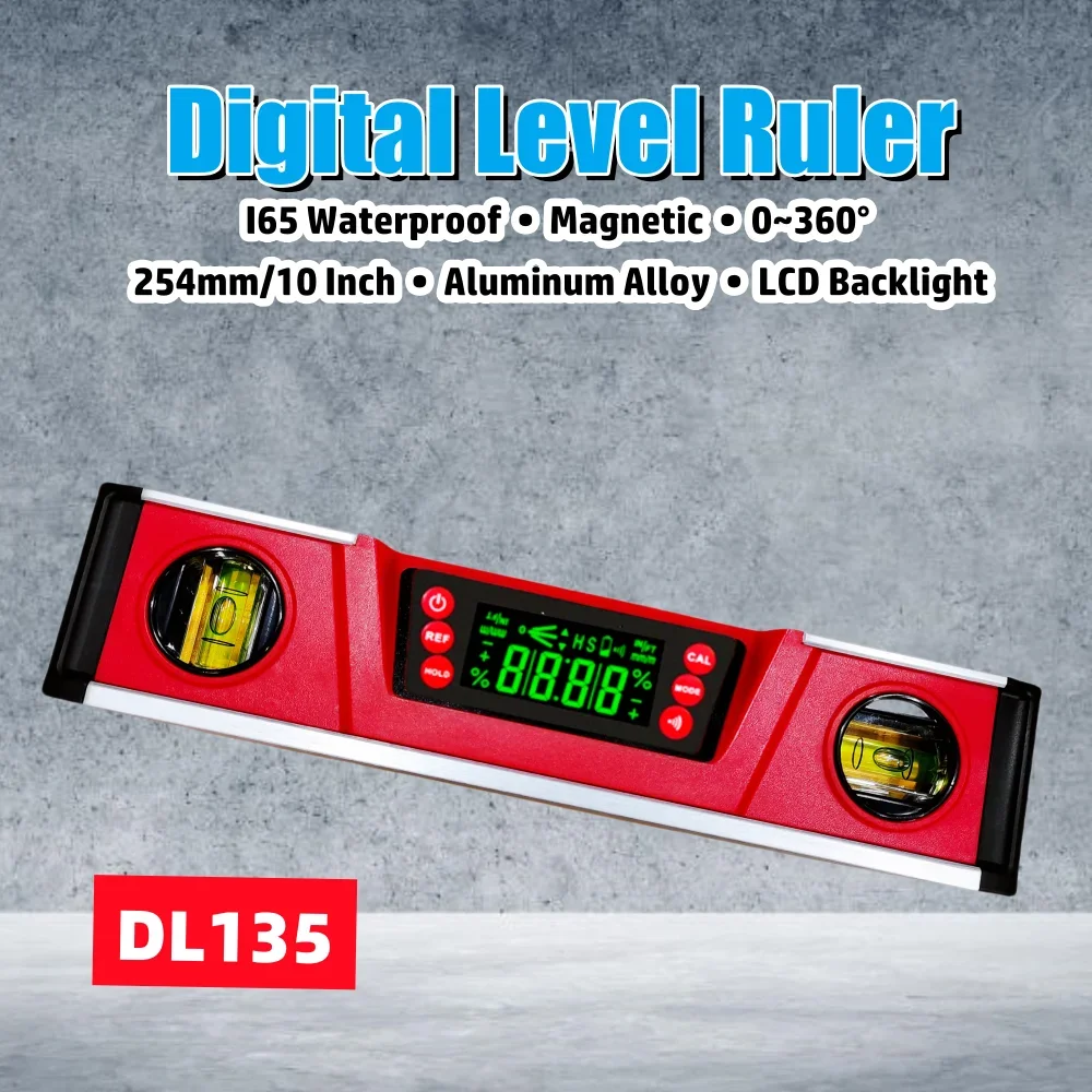 Dl135 Aluminium Digital Level Lineal 10 Zoll (254mm) Multifunktions-LCD-Hintergrund beleuchtung Winkel lineal 0-360 ° Magnet neigung Incolino meter