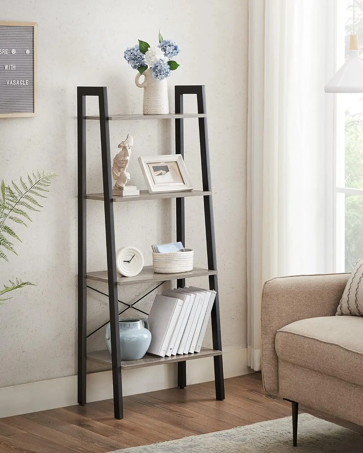 Ladder Shelf with Metal Steel Shelf, Home Bookcase, Storage Shelf for Living Room, Kitchen, Bedroom, Office Use, 4 Tier