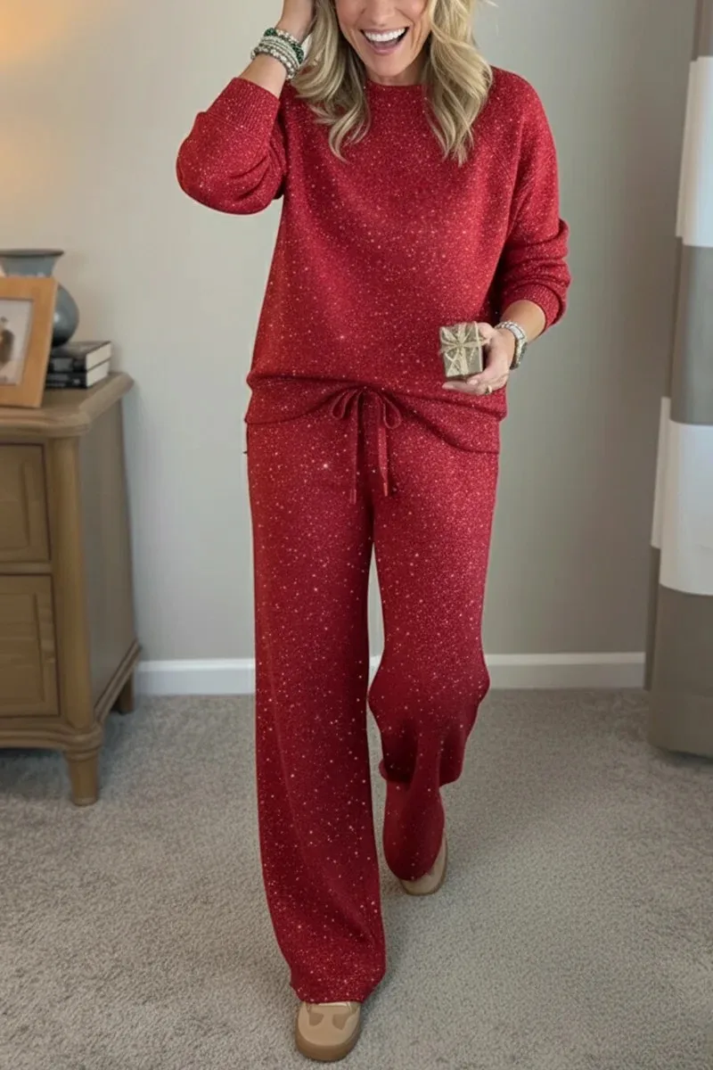 

Women Solid Color Glitter Knit 2pc Loungewear Set Long Sleeve Pullover Drawstring Wide Leg Pants Casual Outfit For Holiday Daily