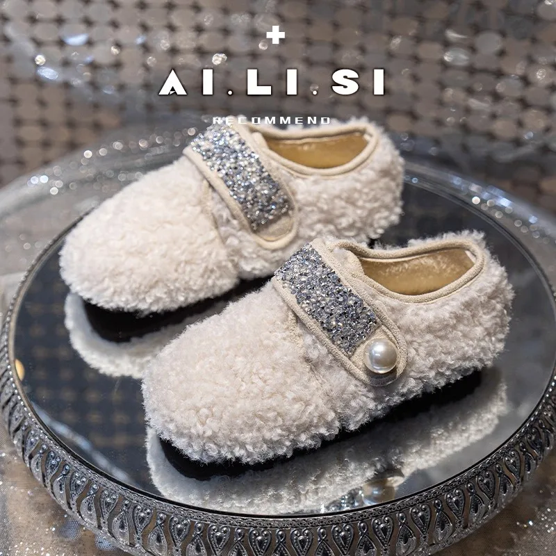 

Children's Cotton Shoes 2025 Winter Toddler Kids Fashion Princess Dance Party Flats Ballets Children Warm Fur Pearls Soft Sole
